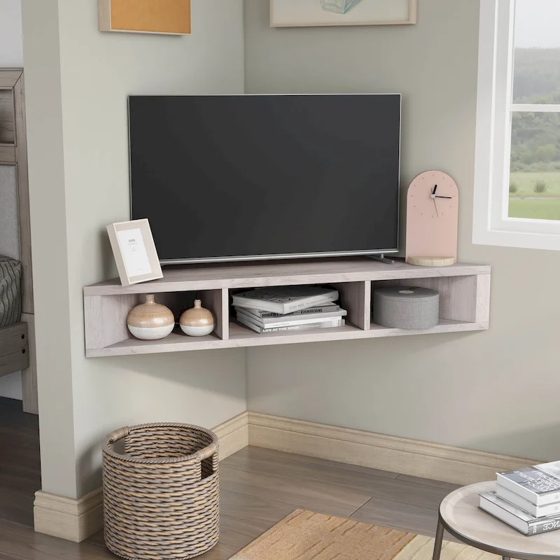 47 Corner Floating TV Stand, 3 Shelves, Transitional Style, Space-Saving Wall Mount