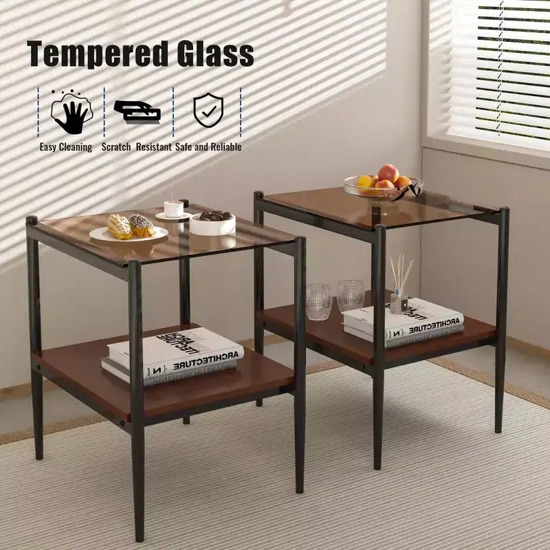 MAYEERTY Set of 2 Rectangle End Table with Tempered Glass Tabletop, for Living Room, Brown Glass