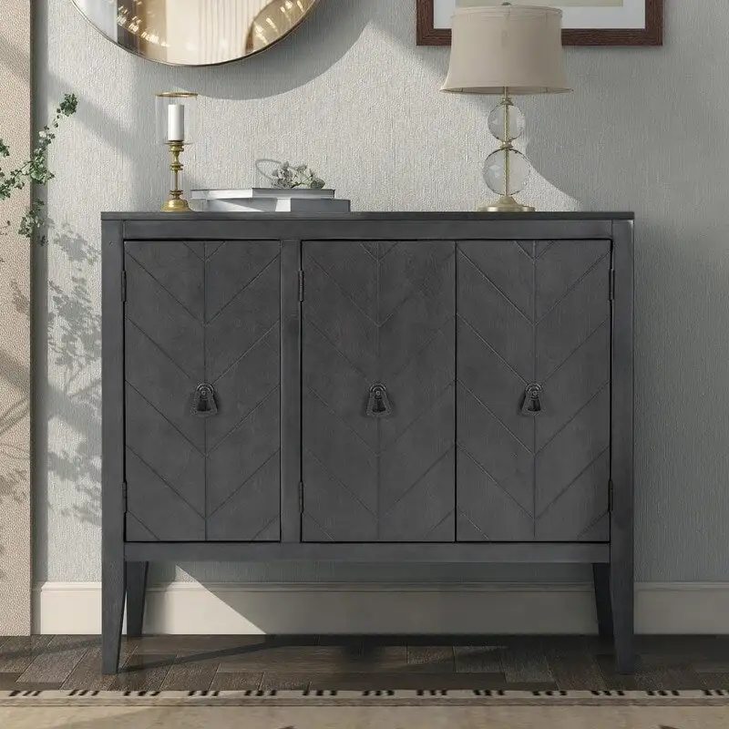 Vintage Adjustable Shelf Cabinet  Entryway Storage with Retro Handles & Pinewood Legs - 15.70in. W X37.00in.DX31.50in. H