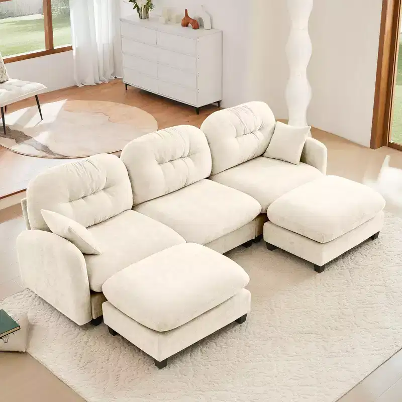 3-Seater Beige Modular Chenille Fabric Sectional U Shaped Couch With 2 Ottomans and 2 Throw Pillows for Living room