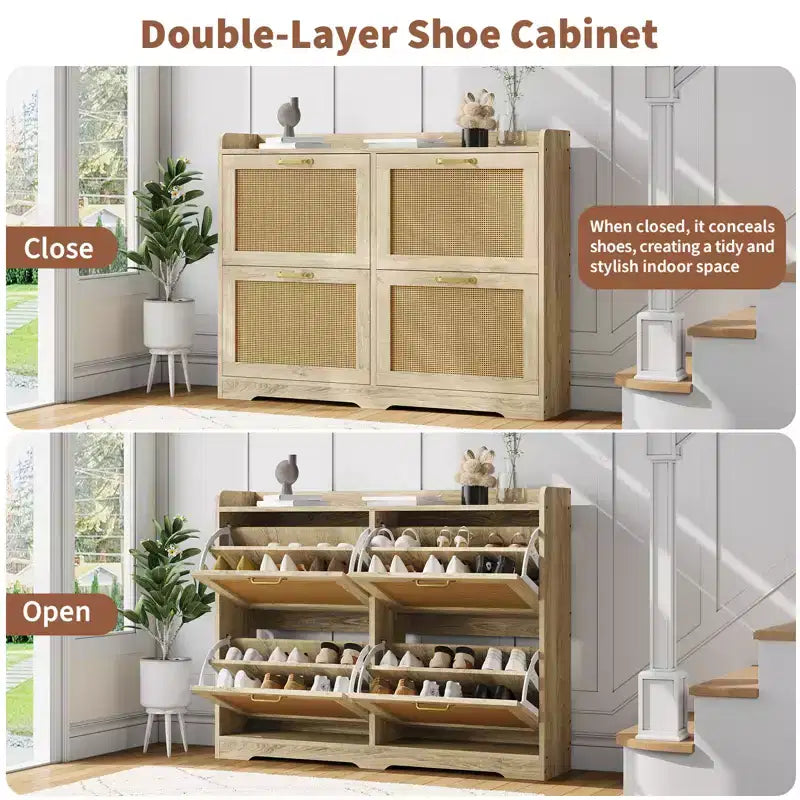 Garvee Rattan Shoe Storage Cabinet with 4 Flip Drawers, Hidden Shoe Storage Organizer Cabinet, Wide Freestanding Wood Breathable Shoe Rack Cabinet