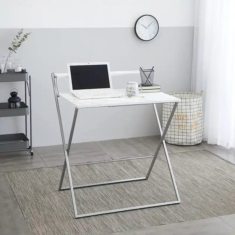 Foldable 2-Tier Compact Computer Desk, Marble Top, Silver Frame, No Tools Assembly