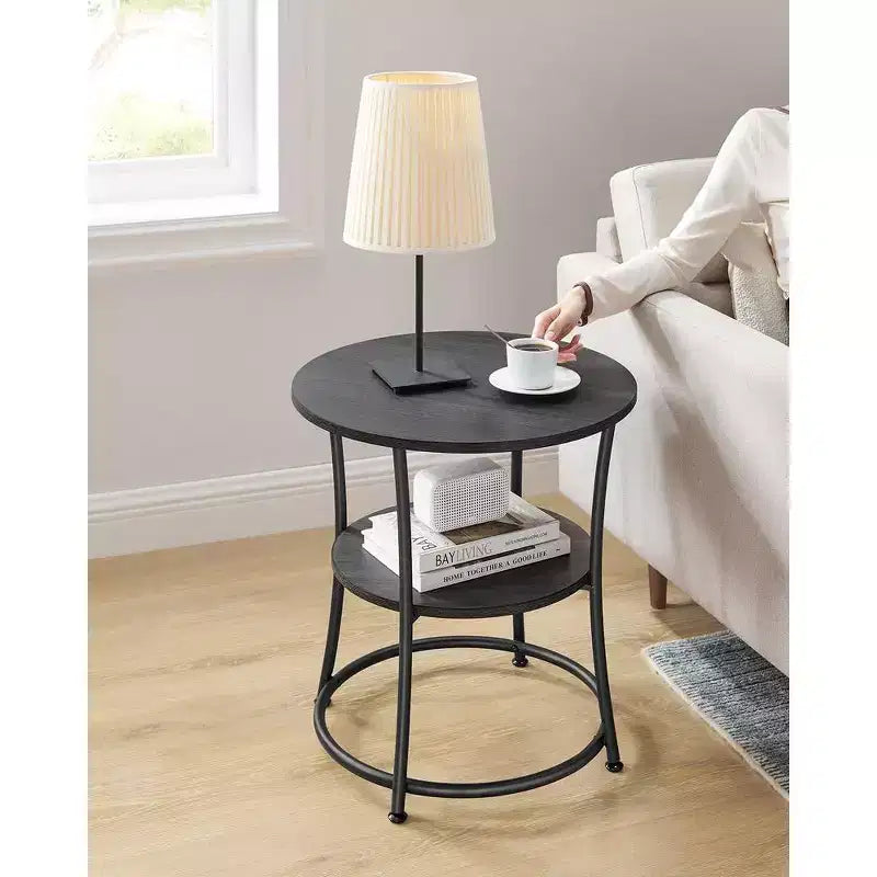 VASAGLE Round Side Table End Table with 2 Shelves Outdoor Accent Coffee Table Charcoal Gray and Ink Black