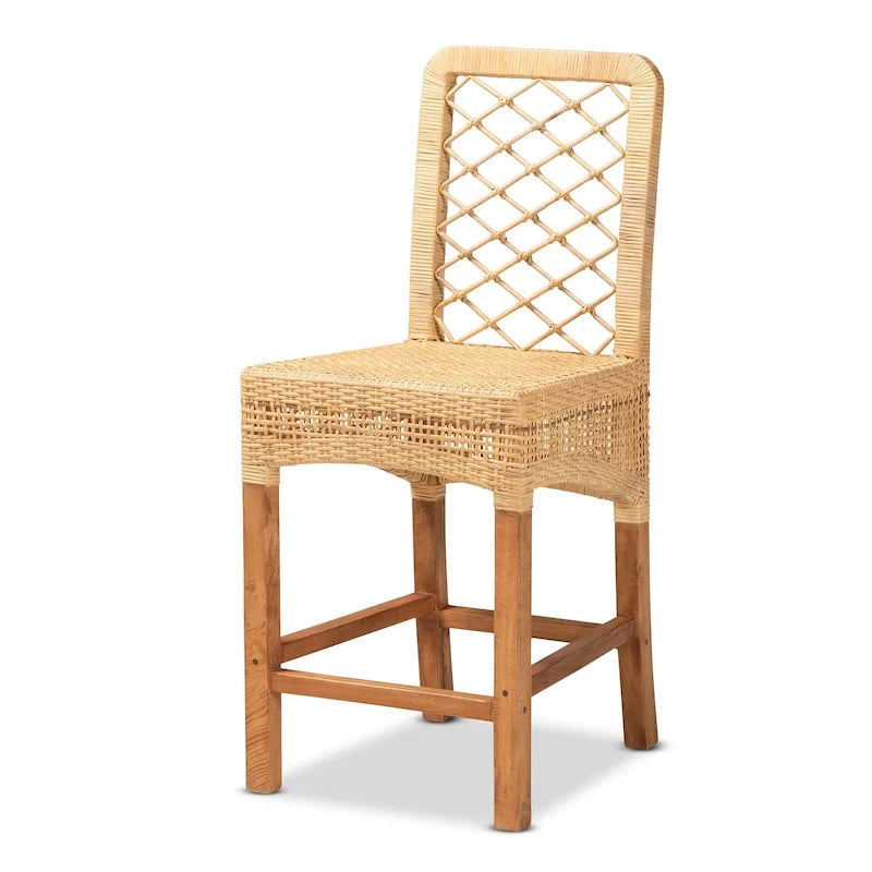 Modern Bohemian Natural Rattan and Wood Counter Stool