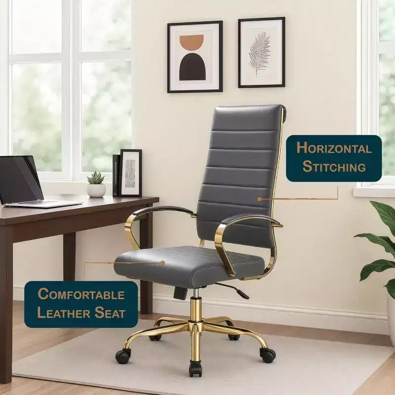 LeisureMod Benmar High-Back Ribbed Leather Office Chair - Modern Swivel & Tilt Executive Desk Chair - Gold Base
