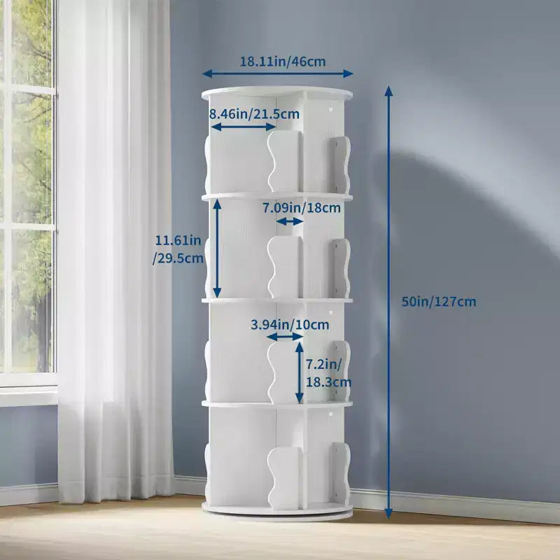 Rotating Bookshelf, 4 Tier Floor Standing Bookcase with Storage Rack, 50 Tall Small Revolving Bookcase for Small Space Bedroom Living Room