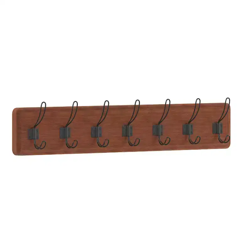 Merrick Lane 34 Inch Wall Mount Pine Wood Storage Rack with Hanging Hooks, Entryway, Kitchen, Bathroom