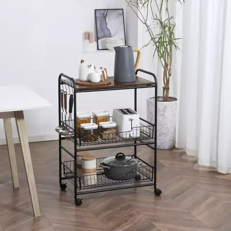 3 Tier Kitchen Cart with Storage, Rolling Kitchen Island Cart with 2 Sliding Fruit Basket and Side Hooks for Dining Room