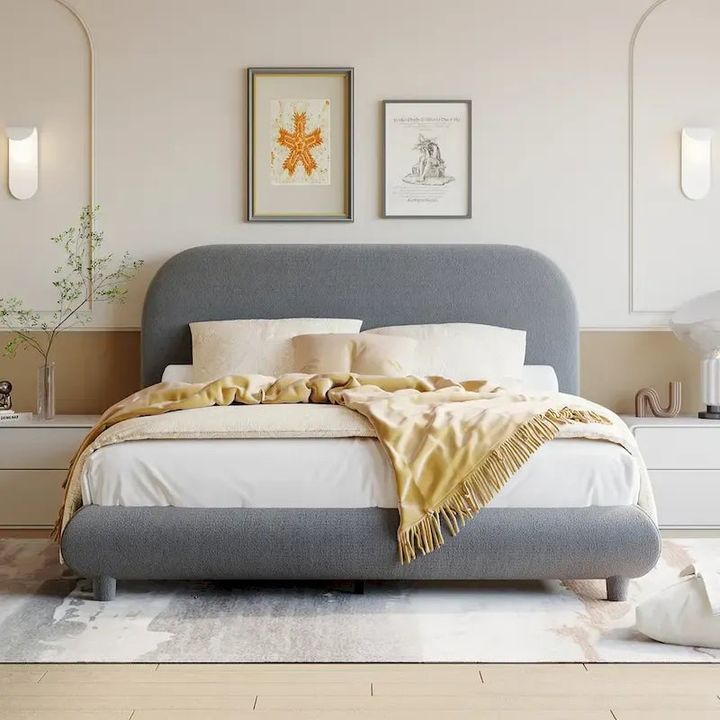 Full Size Fleece Upholstered Platform Bed with Curved Design