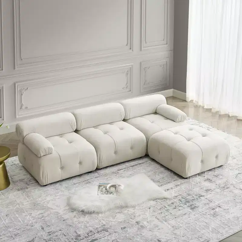 93 Modular Button Velvet/Teddy Fabric Tufted Upholstered Sectional Sofa, L Shaped Sofa with Reversible Ottoman - ModernLuxe