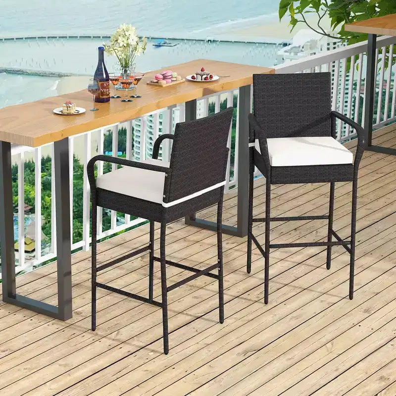 Costway 2PCS Patio PE Wicker Bar Chairs Counter HeightBarstools with Armrests &Cushions