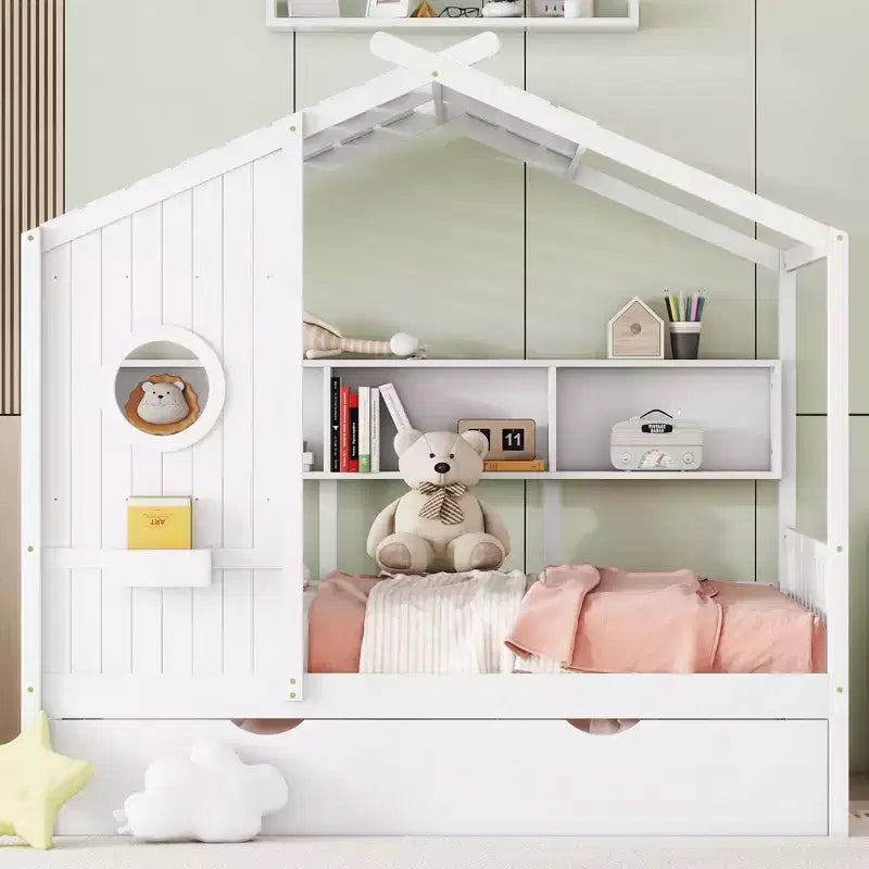 Bellemave Full Size Wooden House Bed with Trundle & Storage Shelves, Kids Playhouse Bed Frame, Solid Pine Wood, White