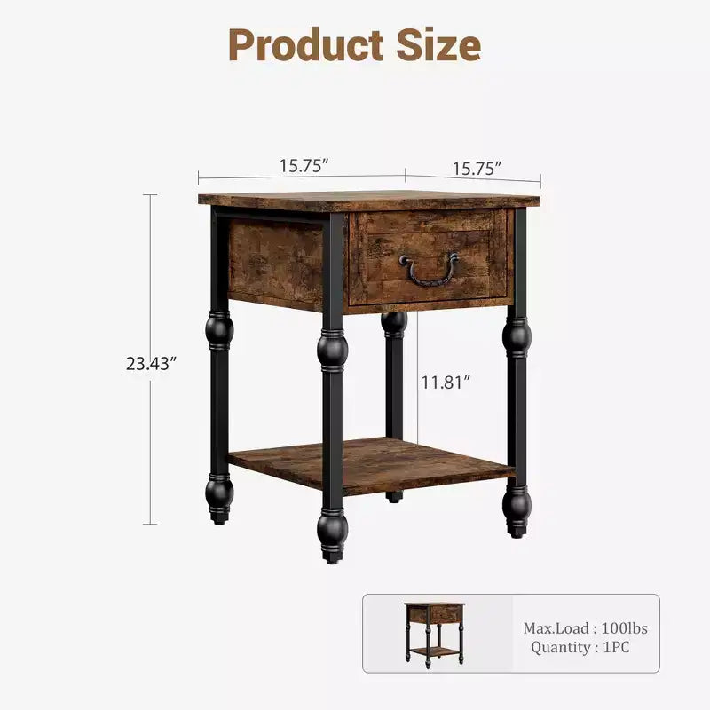 Industrial Side Table with Drawer and Storage Shelf