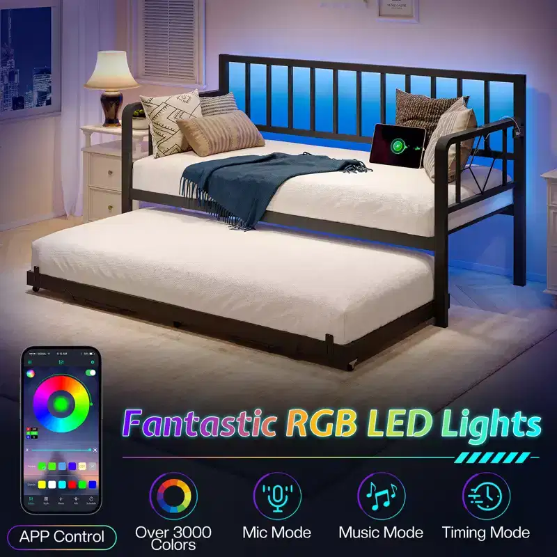 AMERLIFE Twin Daybed with Charging Station and LED Lights, Daybed with Trundle for Living Room, Bedroom, Guest Room
