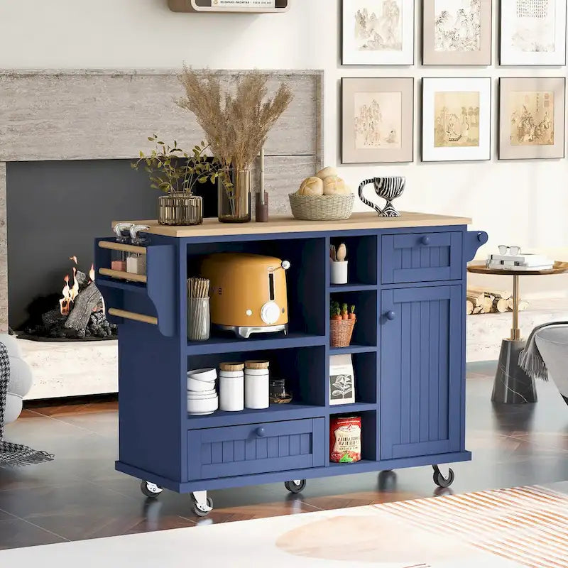 Rolling Kitchen Island Cart with Open Shelves Drawers Cabinet and Microwave Space