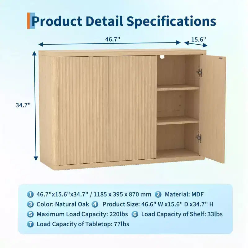 46.7 Buffet Sideboard Cabinet with Storage, Modern Fluted Accent Credenza with Adjustable Shelves and 3 Doors, Wood Coffee Bar Console Table for