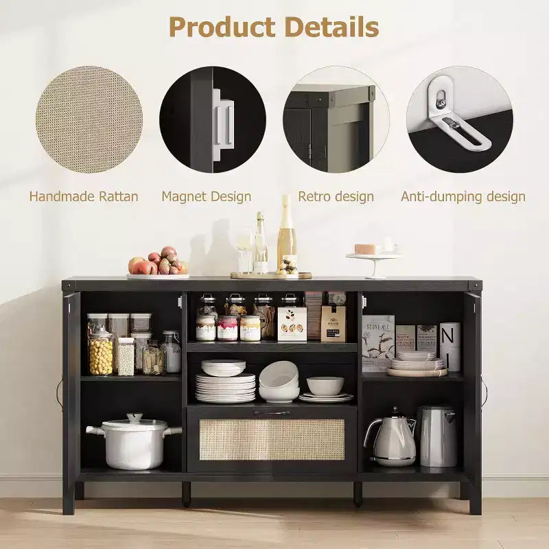 Buffet Cabinet, 59 Inch Rattan Storage Sideboard with Adjustable Shelves & Drawer, Black Boho Farmhouse