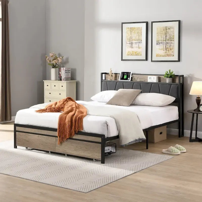 Full Size Metal Platform Bed with Wood Headboard & Under-Bed Storage