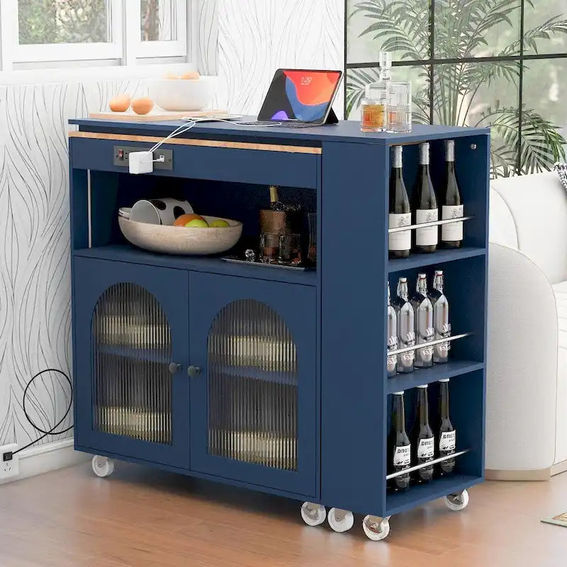 Rolling Kitchen Island with Extended Table Fluted Glass Doors Wine Rack and Power Outlet