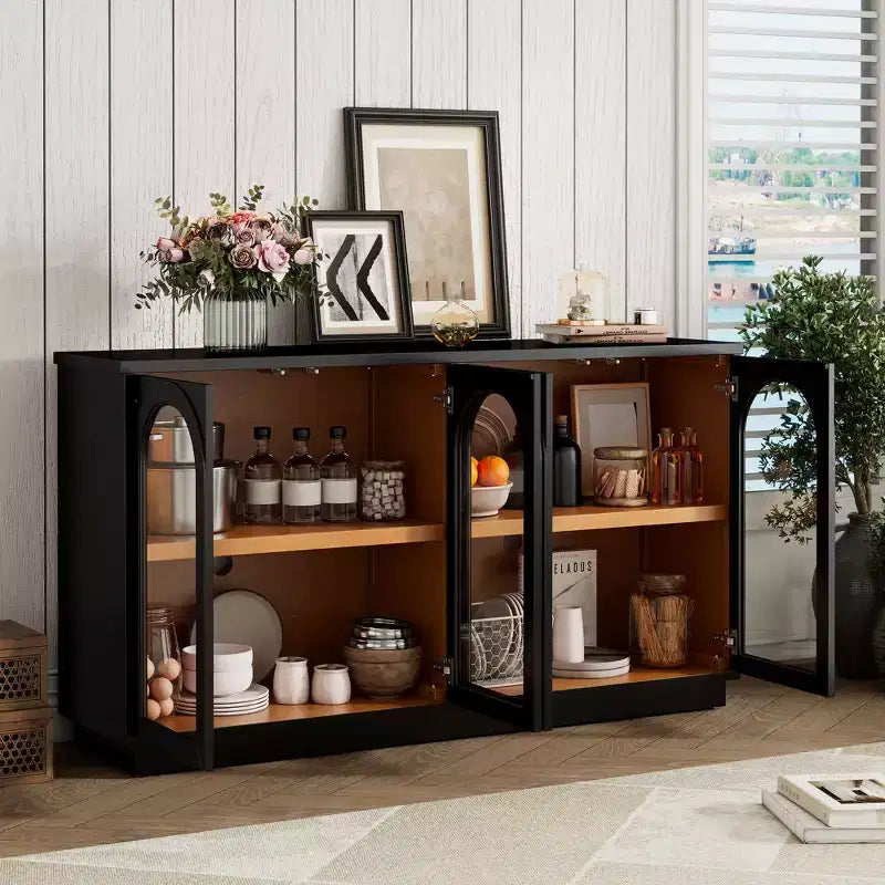 Okak Country Style Sideboard Storage Cabinet with 4 Arched Glass Doors and Adjustable Shelves, Wooden Buffet Cabinet for Kitchen
