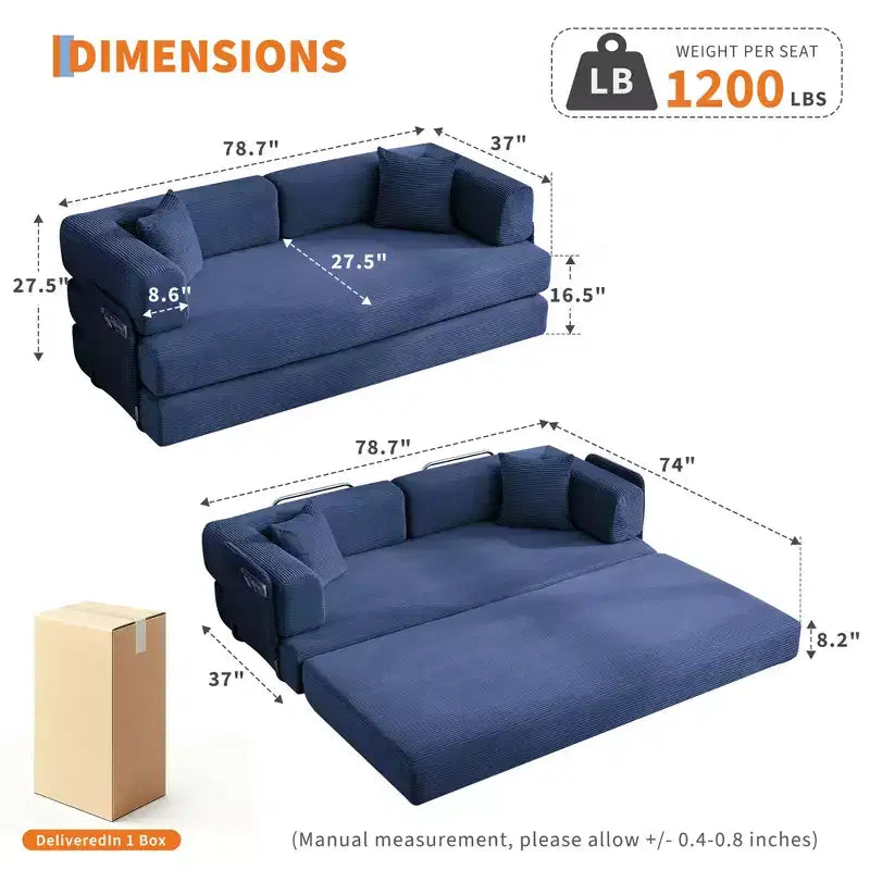 78.7 Modular Convertible Corduroy Floor Sofa Bed  Folding Sleeper Couch with Pillow, Armrest & Backrest  Space-Saving, Multi-Position