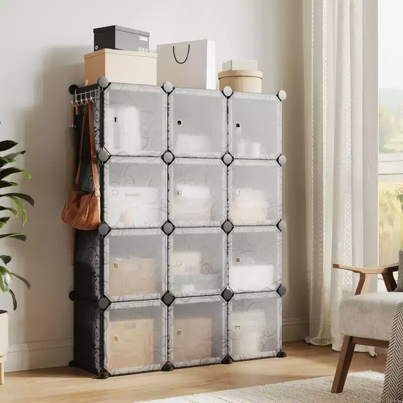 Shoe Cabinet Organizer, Portable Stackable Shoe Rack with 2 Hooks, Freestanding Space Saving Storage for Bedroom, Closet, Entryway, Apartment