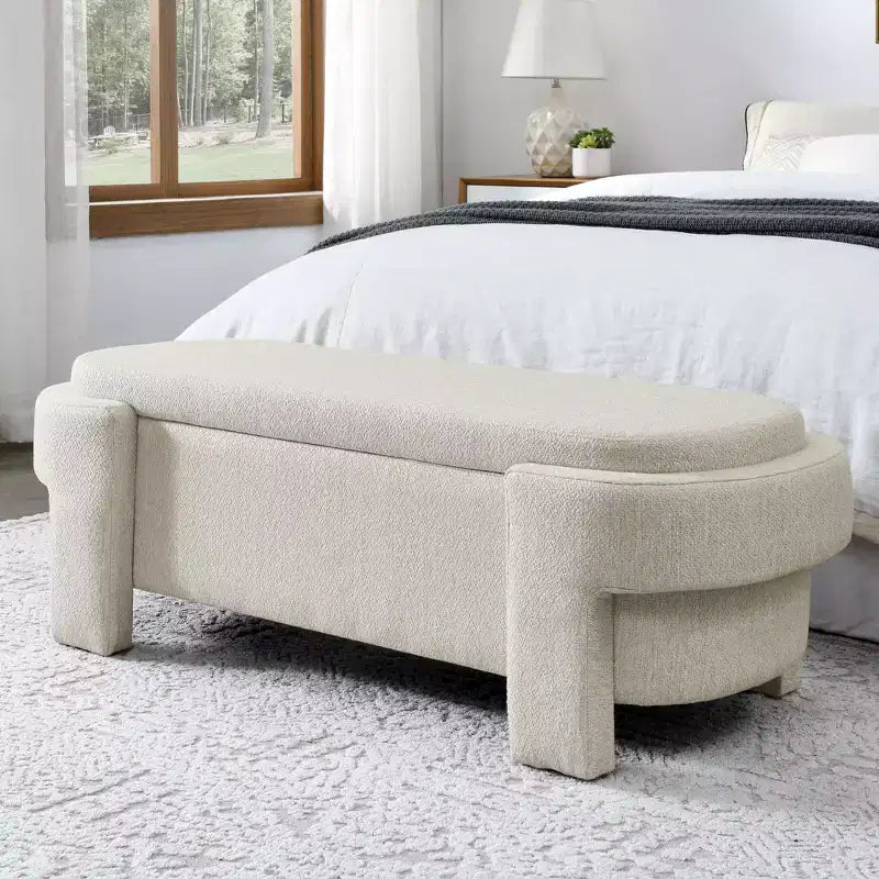 Okak Oval Storage Ottoman with Large Storage Space, Storage Bench with Decorative Wooden Legs and Linen Cushions, Entryway Bench