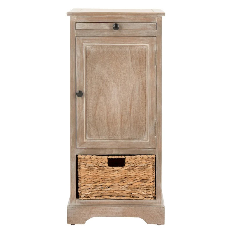 Tall Storage Unit with Woven Basket and Pull-Out Writing Surface