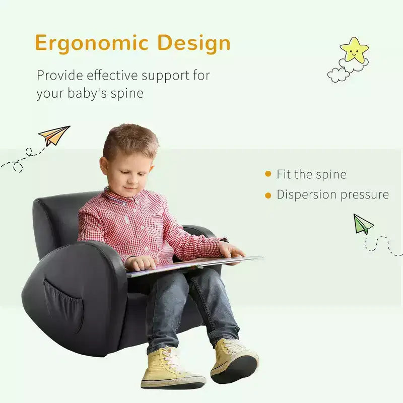 Whisen Kids Sofa Rocking Chair with Side Pocket, PU Leather Toddler Armchair, Gift for Kids - Grey