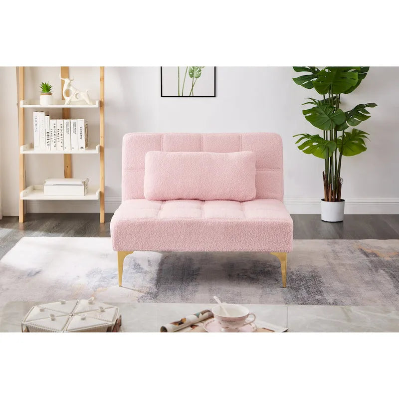 Pink Teddy Chenille Sofa Bed | 3-Position Futon | Solid Wood Frame | 300 lb | Gold Legs