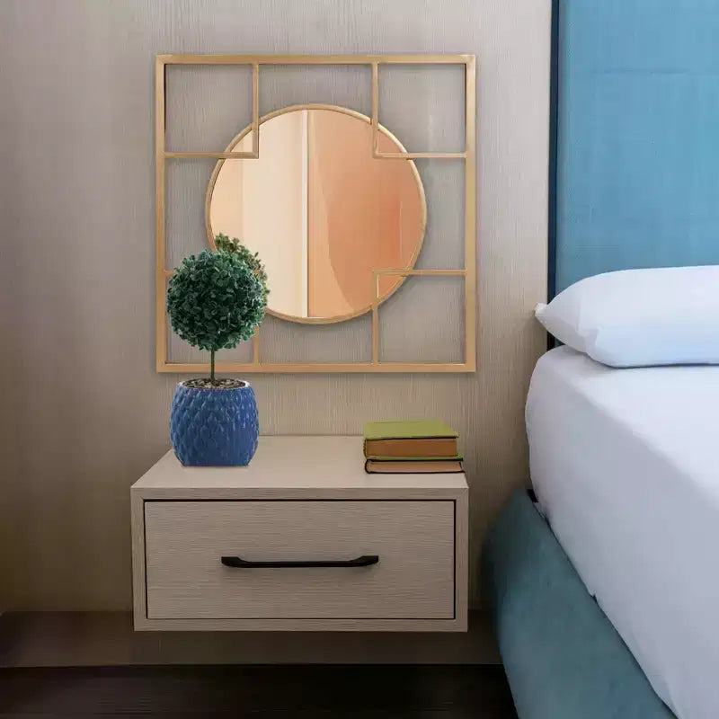Howard Elliott 20"x20" Metal Framed Circular and Square Gold Wall Mirror: Modern Style, No Assembly, Wall Mount