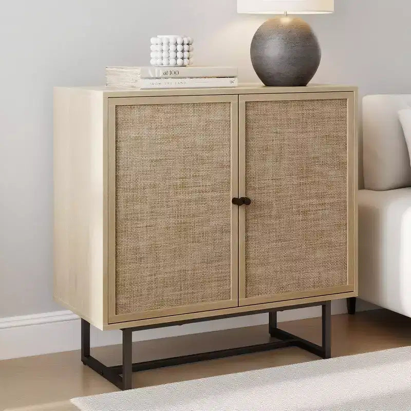 Wood and Rattan Storage Cabinet with Doors, 31.5 Wide 2-Tier Organizer Shelf, Freestanding Pantry Cabinet