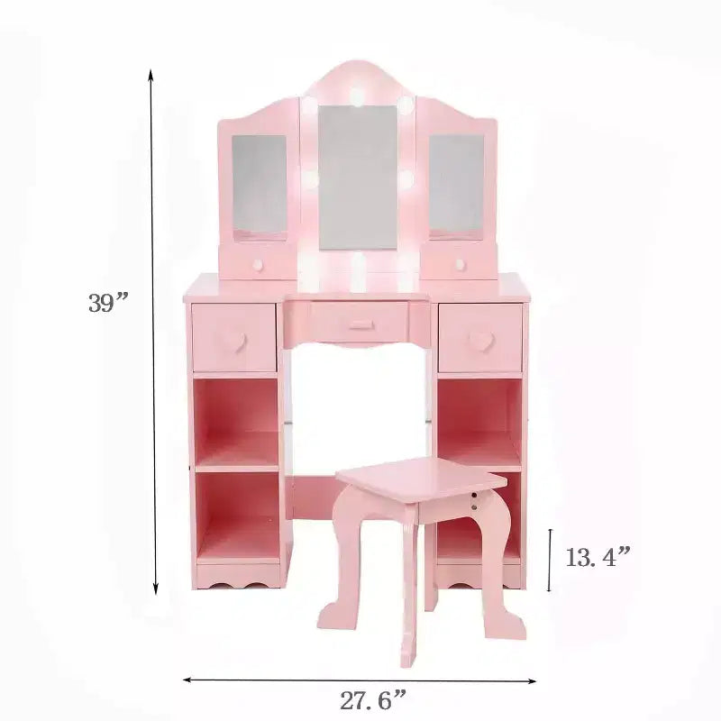 Kids Vanity Set with Tri-Folding Mirror, 2-in-1 Wooden Makeup Table and Stool for Toddlers, Princess Pretend Play Dresser with Drawer for Girls