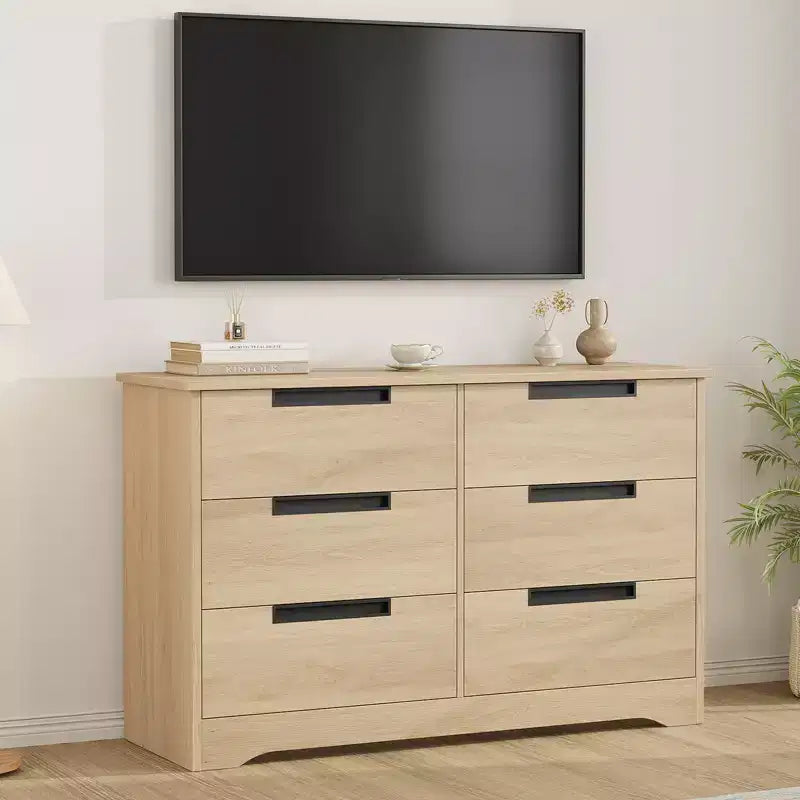 6 Drawer Dresser for Bedroom, Natural Double Dresser Organizer with Embedded Handles Design, Wooden Chest