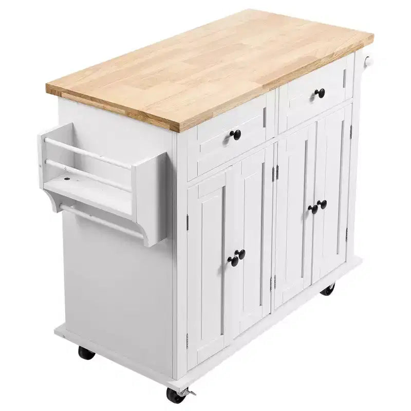 Okak Kitchen Island With Storage and Solid Wood Top, Kitchen Cart with Spice Rack and Towel Rack, Kitchen Island On Wheels for Dining Room, White
