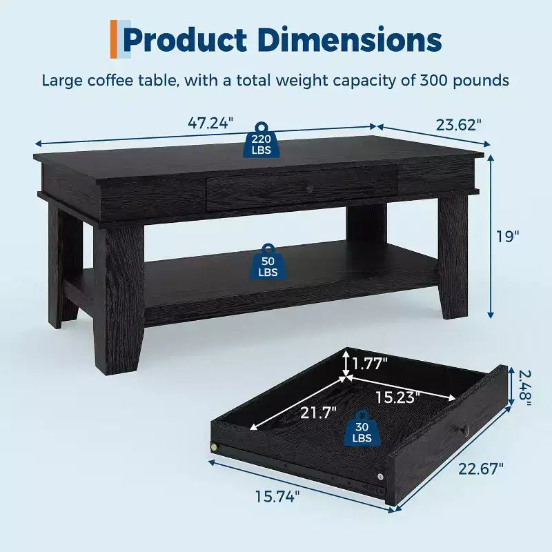Rustic Rectangular Coffee Table - Living Room Center Table with Drawer & Open Shelf, Stable 4-Leg Structure, Heavy Duty Storage Design