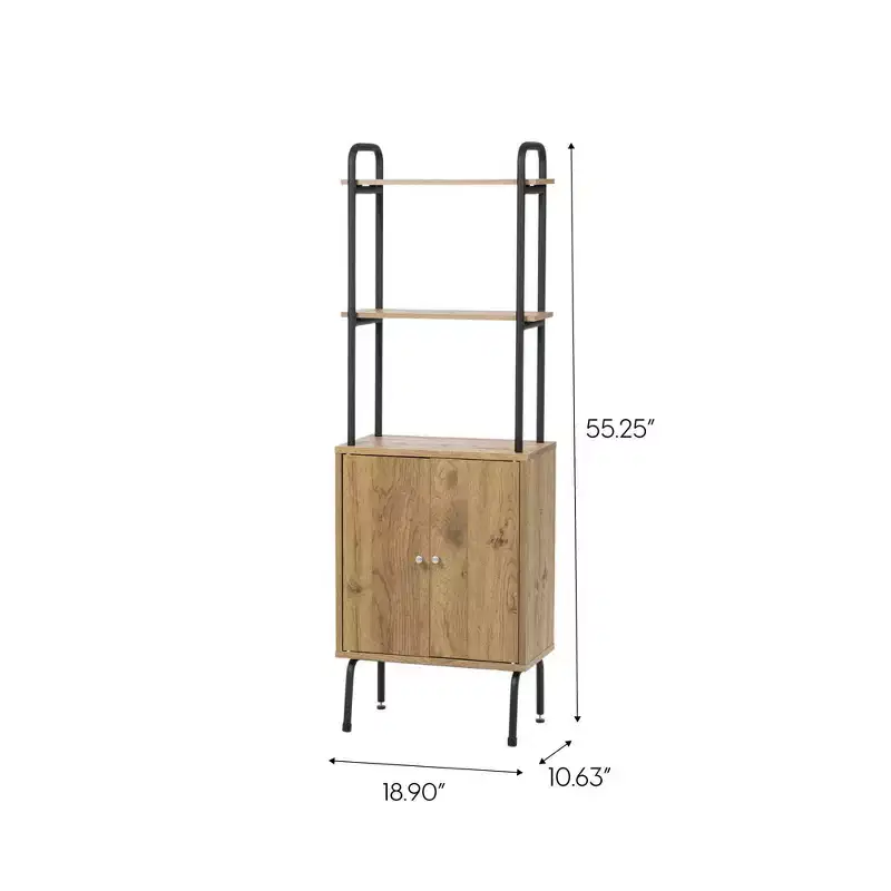 IRIS Storage Cabinet with Doors and Shelves: MDF Composite & Metal, 3 Open Shelves, Decorative Wall Shelf Set, Black/Brown