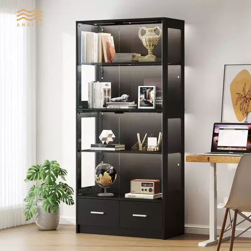 5-Tier Glass Display Cabinet with LED Lights & Adjustable Shelves & 2 Drawers, Curio Cabinet for Home & Office
