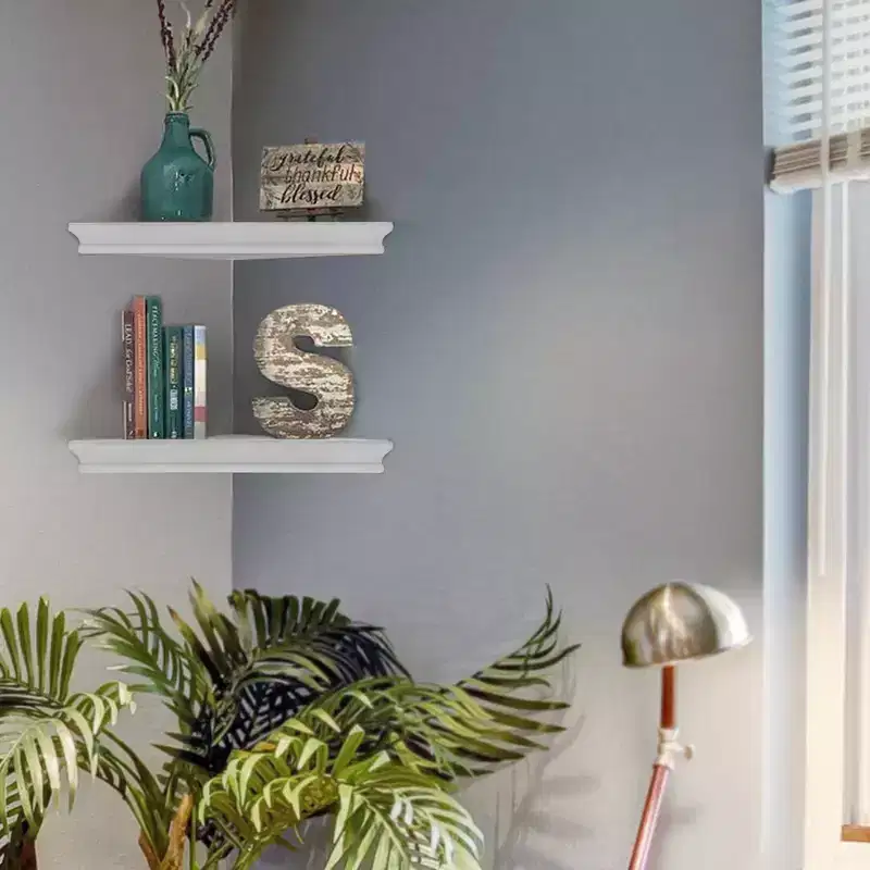 American Art Decor 8" x 16" Set of 2 Decorative Wood Floating Corner Shelves White - Rustic Farmhouse Style, MDF