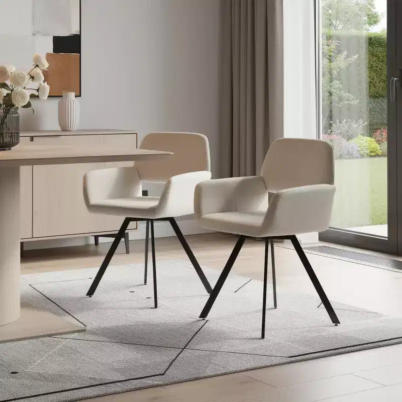 HomeRoots Set of Two Beige and Black Fabric and Steel Dining Arm Chairs