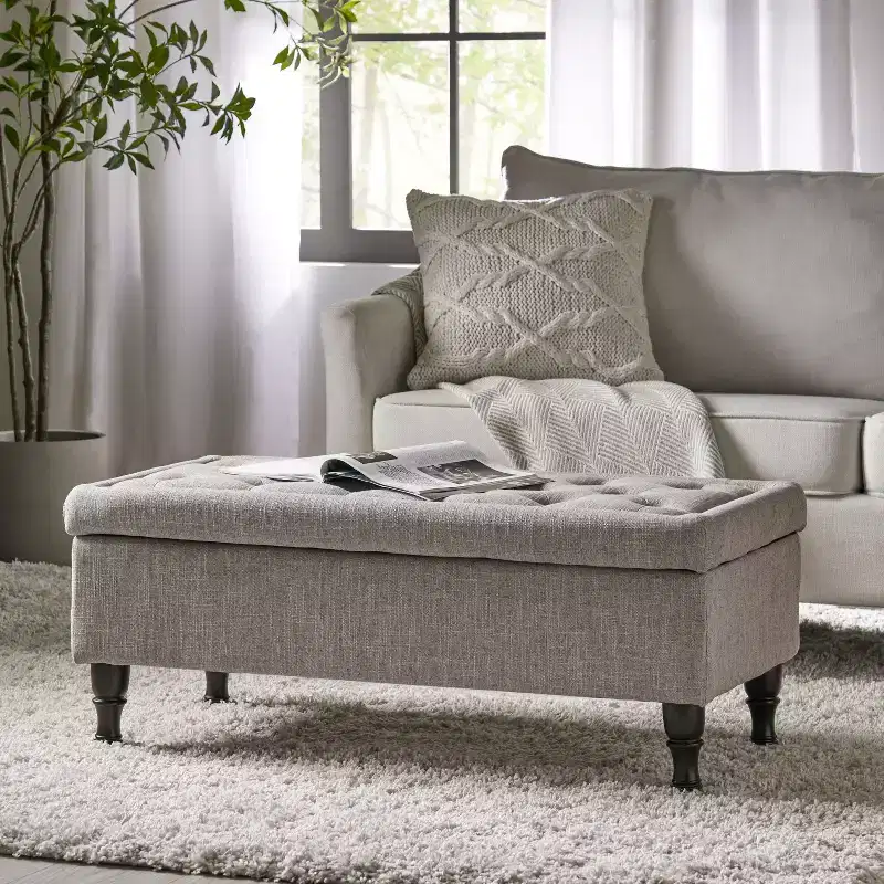 Storage Ottoman Bench, Tufted Button Upholstered, Spindle Wood Legs, Footrest & Bed Bench