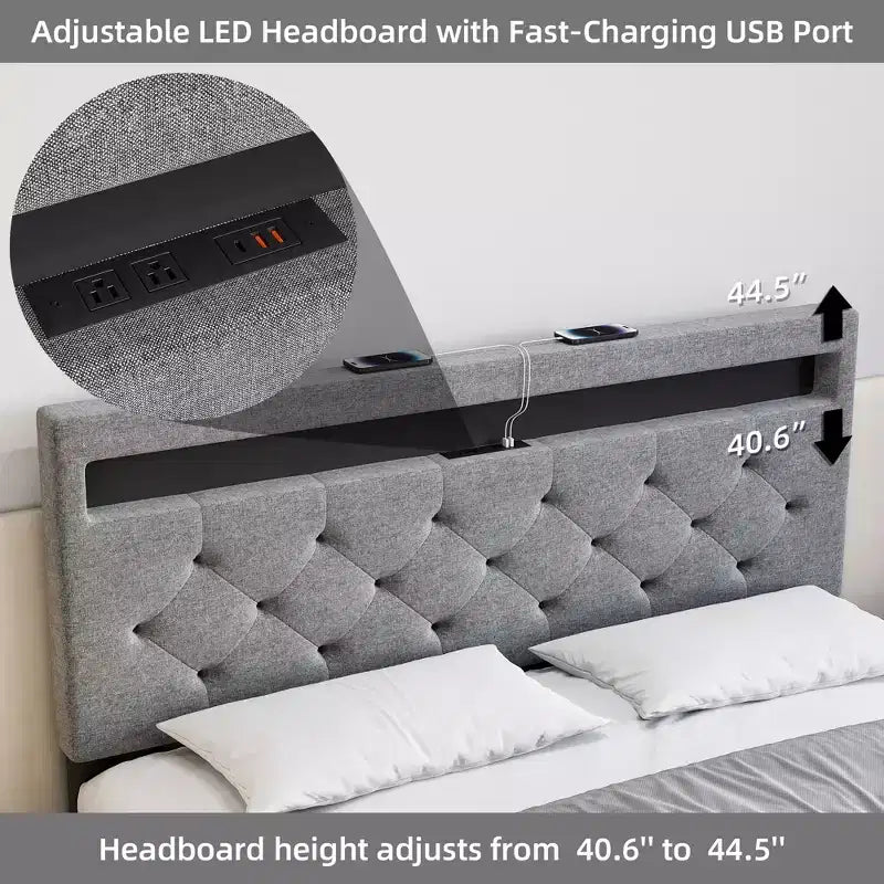 Bed Frame, Adjustable Headboard, Wood Slat Support Bed Frame, Strong Support Slats, No Box Spring Needed, Easy Assembly