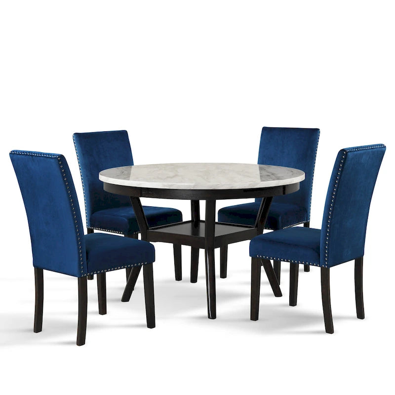 Round Dining Table with Faux Marble Top and Lower Shelf
