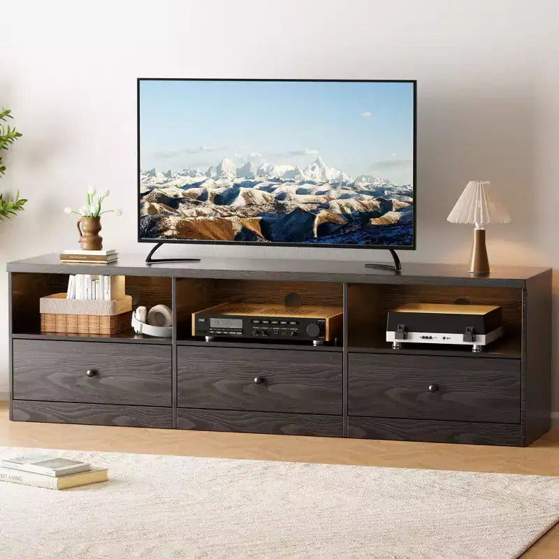 TV Stand for up to 80 TVs, Media Console with 3 Drawers and 3 Open Shelves, Black