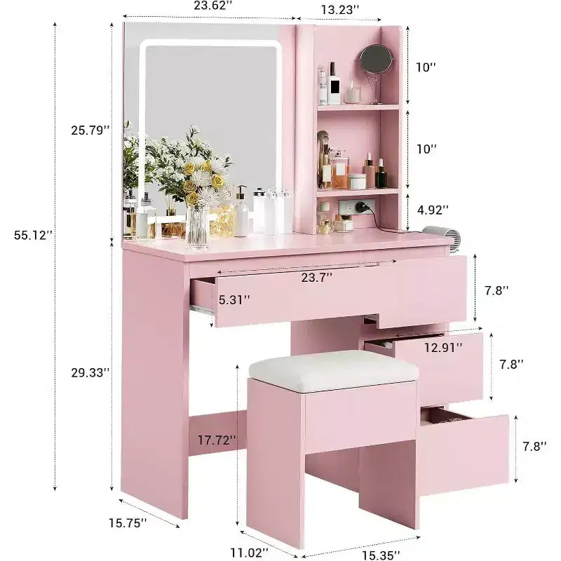 Makeup Vanity Desk with Lighted Mirror and 4 Drawers, Pink