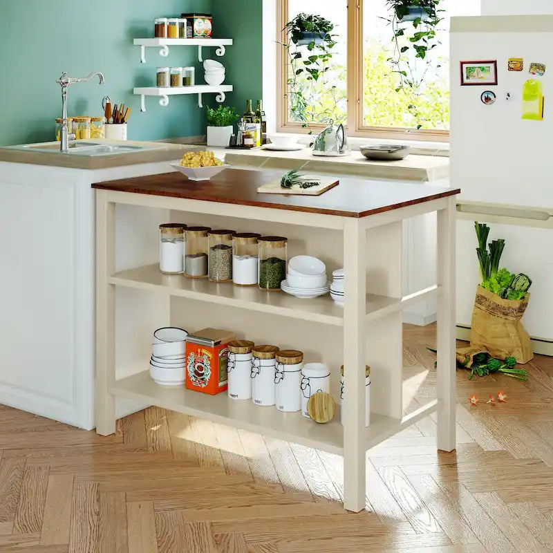 Tan Rustic Solid Rubberwood Stationary Kitchen Island with 2 Open Shelves