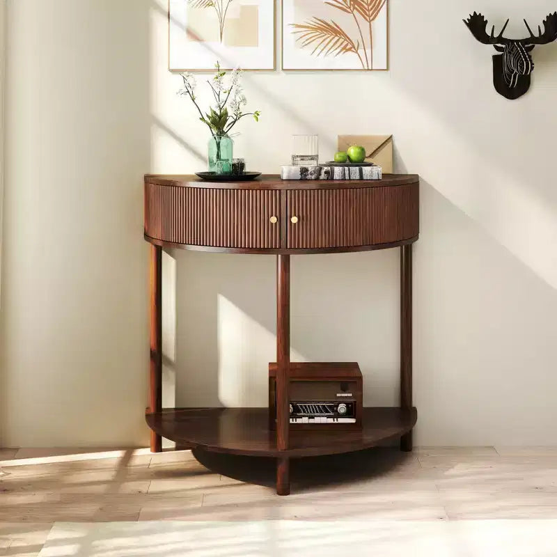 JVNOXK 31.50-inch handcrafted wavy console table with 3D textured drawers, featuring dual storage drawers and a bottom shelf. Brown