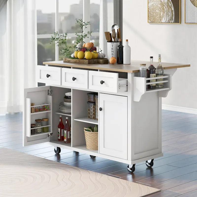White Rolling Kitchen Island Cart with 5 Wheels Drop Leaf Rubberwood Top 3 Drawers and Spice Rack