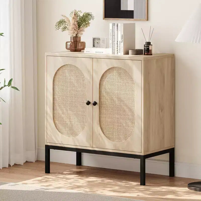 Set of 2 Rattan Sideboard Chest of Drawers, 2 Rattan & Wood Doors, 31.5inch Wide, Adjustable Shelves, Metal Feet for Hallway/Living Room/Kitchen