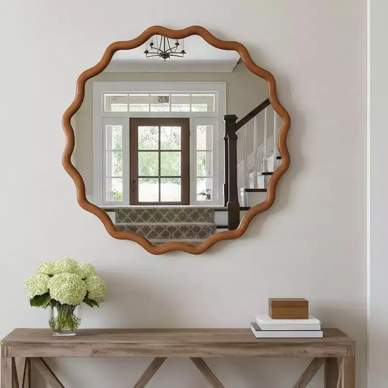30 Wavy Round Solid Wood Frame Decorative Mirror Modern Farmhouse Wall Mirror For Bedroom Bathroom Living Room Entryway Brown